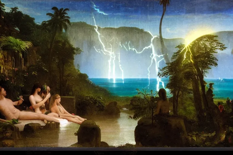 Prompt: The waterfall chalice, refracted moon sparkles, thunderstorm, greek pool, beach and Tropical vegetation on the background major arcana sky and occult symbols, by paul delaroche, hyperrealistic 4k uhd, award-winning, very detailed paradise