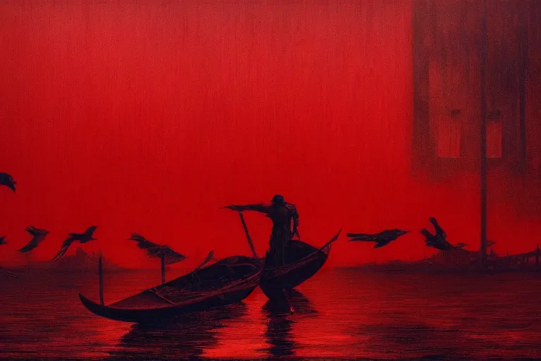 Image similar to only with red, a red dystopic knight, venice, flock of birds in the red sky, in the style of beksinski, parts by edward hopper, parts by rodcenko, parts by yue minjun, intricate and epic composition, red by caravaggio, insanely quality, highly detailed, masterpiece, red light, artstation, 4 k