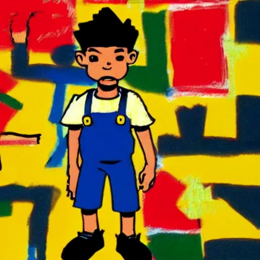 Prompt: ness from earthbound teaches a college course, basquiat style