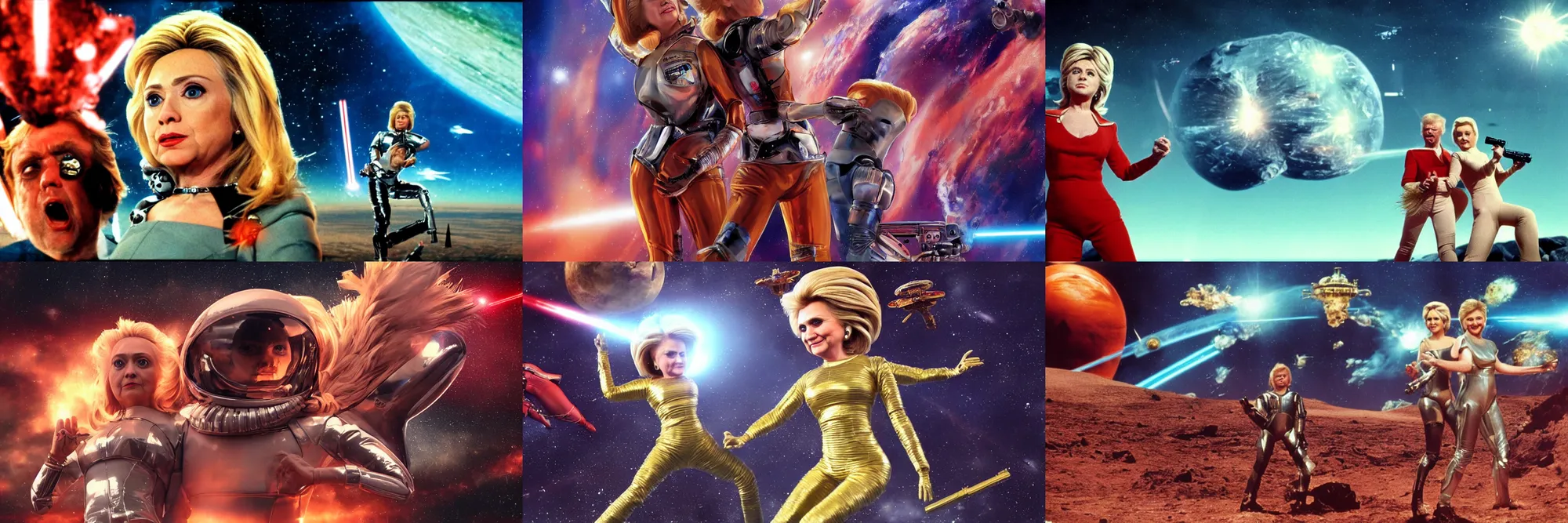 Image similar to a portrait of hillary clinton and donald trump as barbarella wearing a rocknroll glamour spacesuit, beautiful, heroic action pose firing laser guns, soft focus, depth of field, stunning alien landscape, cinematic, film grain, wide shot, in the style of kubrick, ridley scott, jodorowsky, dune, star wars, unreal engine