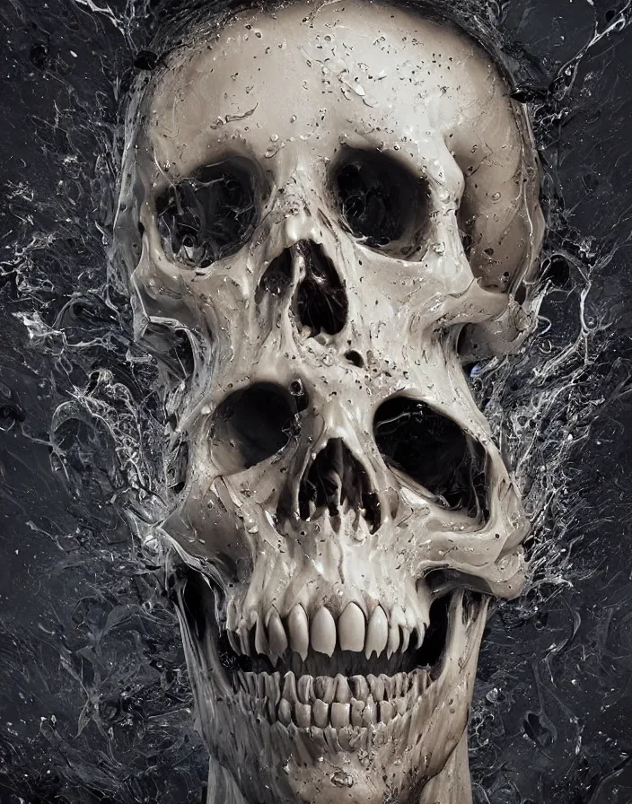 Image similar to portrait of a melting skull. intricate abstract. sharp teeth. delicate artwork. by Tooth Wu, wlop, beeple, dan mumford. octane render, trending on artstation, greg rutkowski very coherent symmetrical artwork. cinematic, hyper realism, high detail, octane render, 8k, depth of field, bokeh. chrome accents.