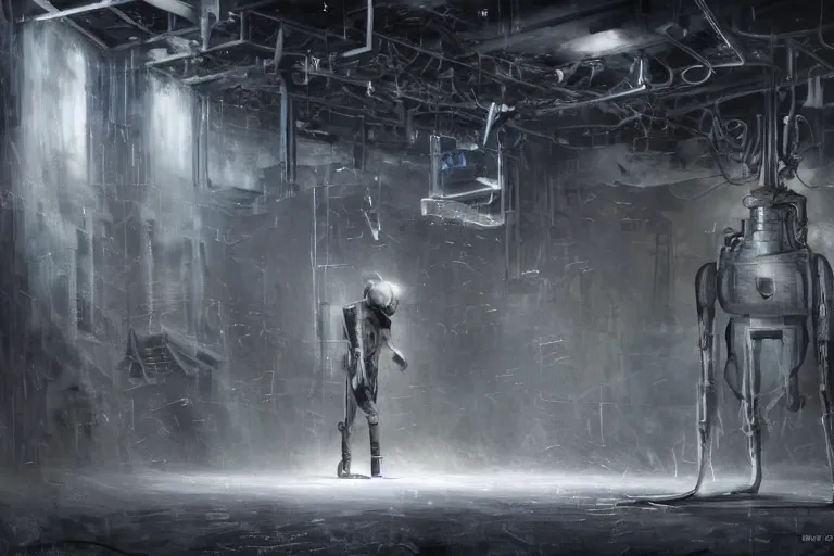 Image similar to volumetric coherent gloomy colossal ruined server room in datacenter by eddie mendoza blender robot figure automata headless drone robot knight welder posing pacing fixing soldering mono sharp focus, emitting diodes, smoke, artillery, sparks, racks, system unit, motherboard, by rutkowski artstation hyperrealism cinematic dramatic painting concept art of detailed character design matte painting