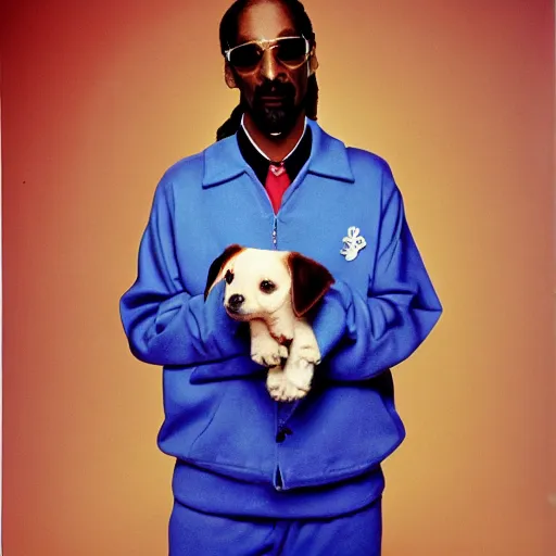 Image similar to Snoop Dogg holding a little puppy for a 1990s sitcom tv show, Studio Photograph, portrait, C 12.0