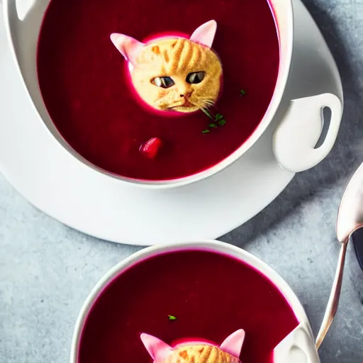 Prompt: borscht served with fake cat ears, award winning food photo, 4 k, delicious, polish food, high quality