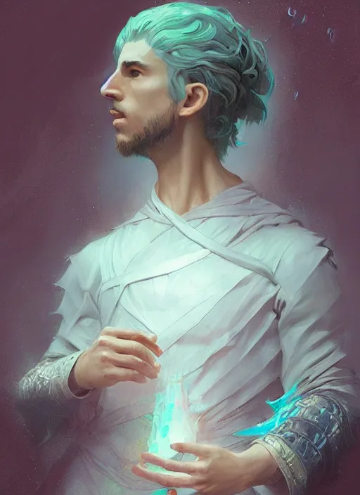 Prompt: character concept portrait of an attractive young focused Spanish wizard with pale teal skin enchanting a rain spell, a floating iridescent spell book in the center, intricate, elegant, digital painting, concept art, smooth, sharp focus, illustration, from Metal Gear, by Ruan Jia and Mandy Jurgens and William-Adolphe Bouguereau, Artgerm