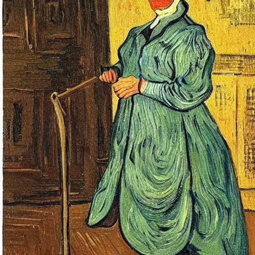 Image similar to an old white blond woman standing with a cane, around her are paintings, in the style of van gogh