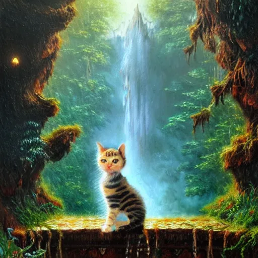 Image similar to painting of one kitten in the enchanted forest standing on the steps and watching the waterfall, fantasy, intricate, extremely detailed, face enhance, matte, featured in artstation, art by louis wain, greg rutkowski