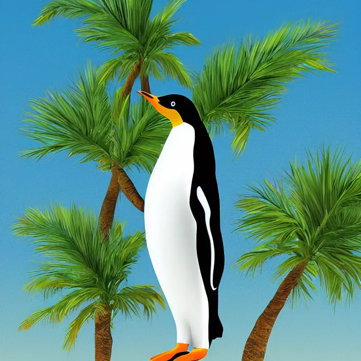 Prompt: penguin with a palm tree growing on its head, digital art, highly detailed