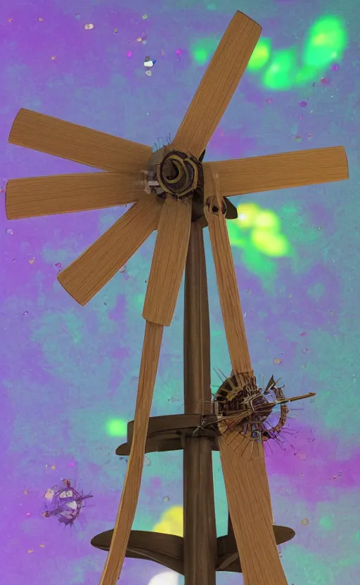 Image similar to tiny wooden windmill, floating, rbc, radiolaria, protophyta, micro - organisms, center frame, symmetric, rim light, marine microbiology, bioluminescence, electric, soft, concept art, intricate details, highly detailed, colorful, photorealistic, disney pixar, octane render, iridescent, anime, 8 k