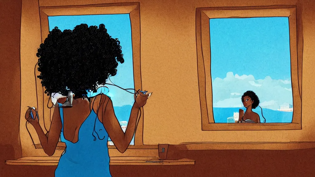 Image similar to black girl, curly hair, with headphones, studyng in bedroom, window with rio de janeiro view, lo-fi illustration style, digital art, alive colors