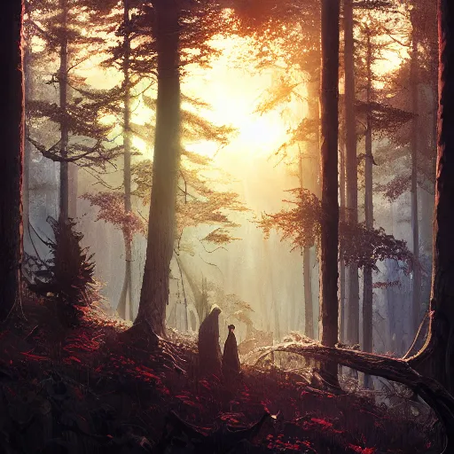 Image similar to windowview, beautiful forest, sunset, high detail, dramatic light, sunrays, digital art, dark, painted by seb mckinnon and greg rutkowski, trending on artstation