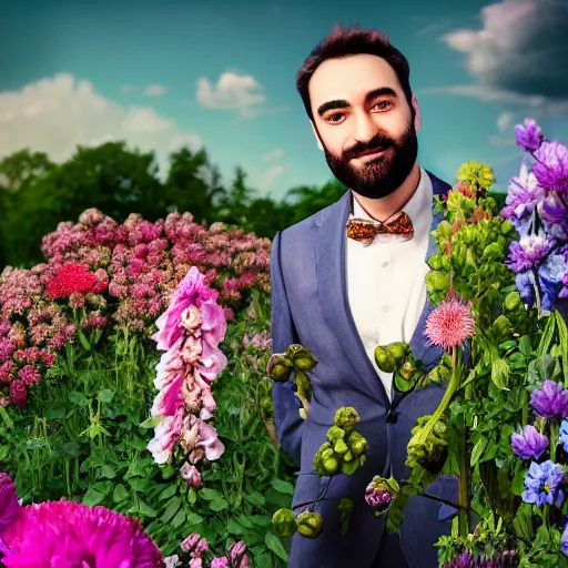 Prompt: a portrait of a man with flowers grow in the beard, roses peonies forget-me-nots dahlias lupins gladioli, sky theme in background, 35mm Photograph, 4K Resolution, Astrophotography, Digital Art, Trending on artstation