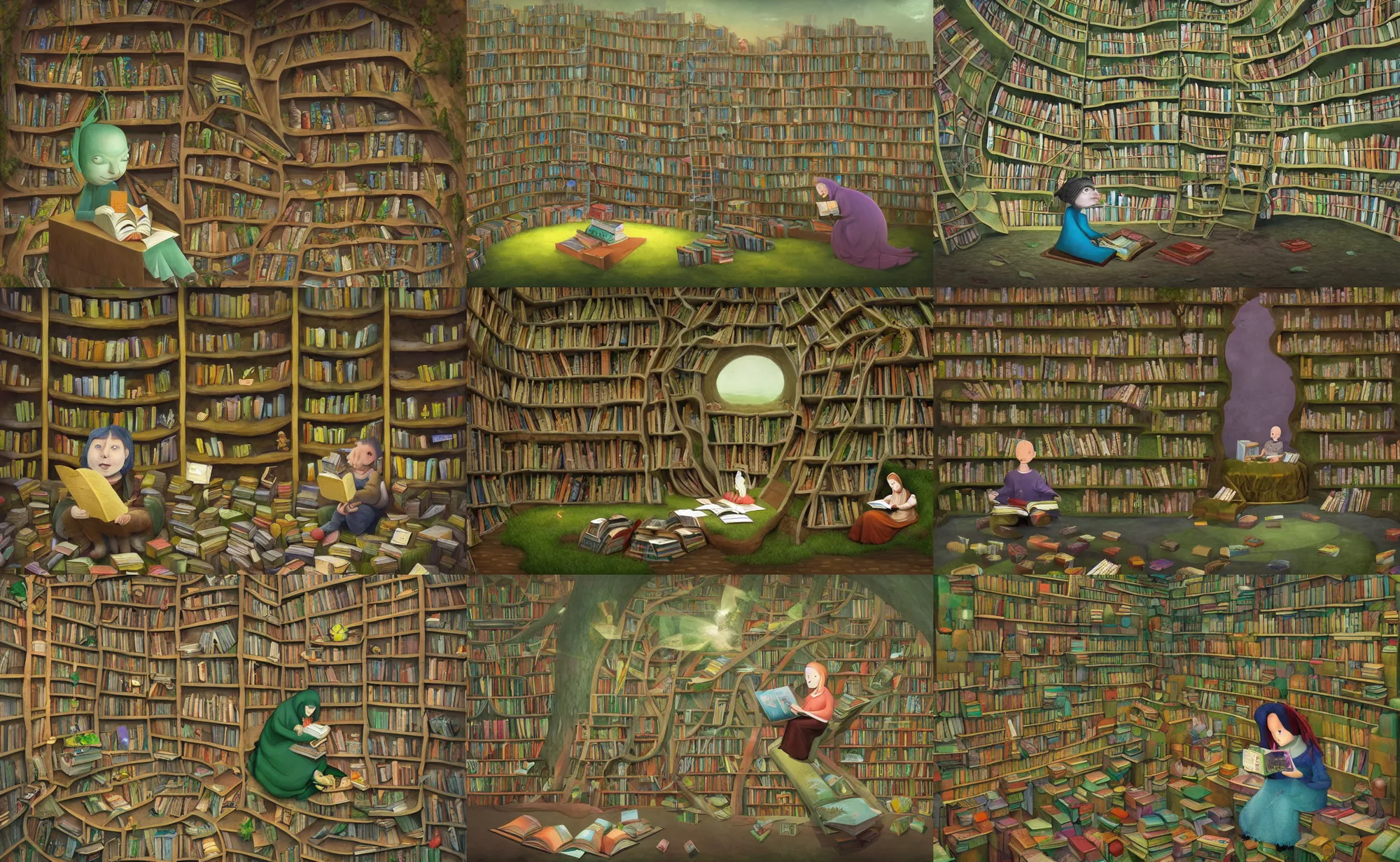 Prompt: gediminas pranckevicius illustration of a librarian reading for children, surrounded by shelves of books, decorated with vegetations, wimmelbilder, in the style of noah bradley and john howe, 8 k