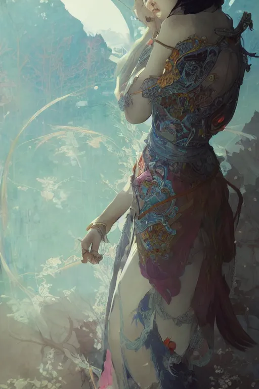 Prompt: portrait ayaka genshin, in ruined fantasy world Sunrise, ssci-fi, fantasy, intricate, very beautiful and elegant, highly detailed, digital painting, artstation, concept art, smooth and sharp focus, illustration, art by tian zi and WLOP and alphonse mucha