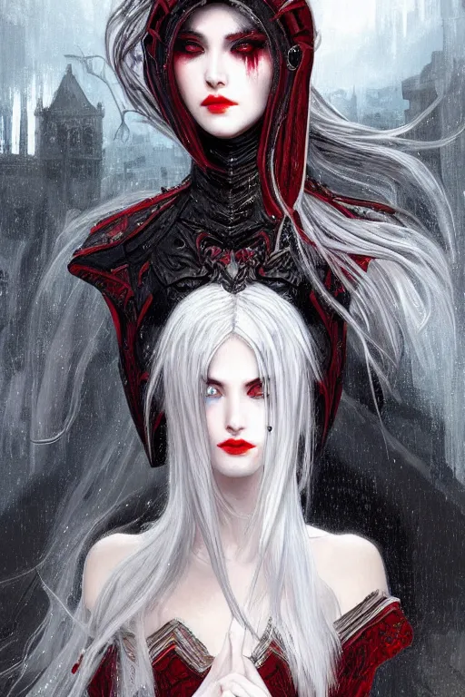 Image similar to portrait white hair sinister knights of Zodiac girl+smoky eyes, black fire red color reflected armor, in ruined Agora of Athens rainy night, ssci-fi and fantasy, intricate and very very beautiful and elegant, highly detailed, digital painting, artstation, concept art, smooth and sharp focus, illustration, art by tian zi and WLOP and alphonse mucha