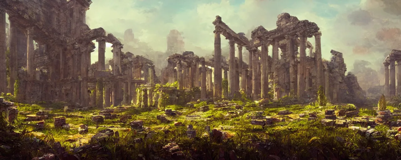 Image similar to ” landscape with overgrown ruins of a roman temple, [ by paul lehr, cinematic, detailed, epic, widescreen, opening, establishing, mattepainting, photorealistic, realistic textures, octane render ] ”