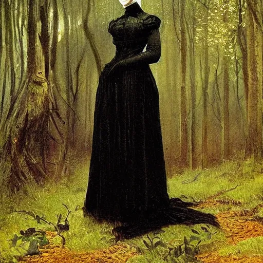 Prompt: A beautiful victorian woman, night, gothic dress, flowing hair, oil painting, portrait, magical forest, glow, dramatic lighting, dramatic light, masterpiece, high detail, long shadow, amazing composition, detailed, high contrast, painted by Caspar David Friedrich