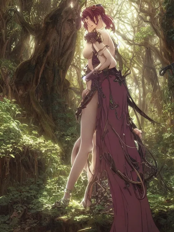 Image similar to anime key visual of amora the enchantress with her back to the camera wearing a medieval gown!! intricate, magical forest, stunning, highly detailed, digital painting, artstation, smooth, hard focus, illustration, art by artgerm and greg rutkowski and alphonse mucha