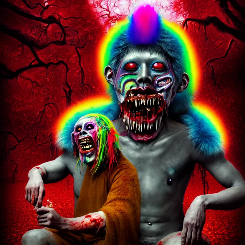 Image similar to a close - up portrait of a beautiful flesh - eating timikawa with rainbow fur eating a screaming man, sitting on chair made of human limbs, the chair is floating in a lake of blood, surrounding the lake are melting trees, digital art, hyperrealistic nightmare scene, supernatural, highly detailed, creepy, terrifying