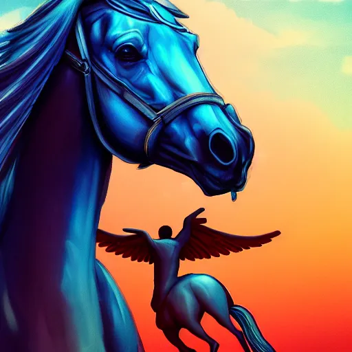 Prompt: man without head on top of horse with wings, colorful of blue color concept art, trending on artstation, highly detailed, intricate, sharp focus, digital art, 8 k