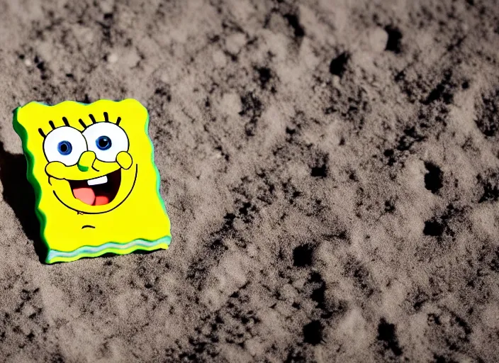 Image similar to spongebob squarepants on the surface of the moon, 8 k, bright ambient lighting key light, 8 5 mm f 1. 8