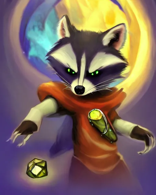 Image similar to 3 5 mm portrait of furry necromancer sly cooper raccoon holding a magical glowing gemstone in a crystal cave, d & d, magic the gathering, disney, pixar,