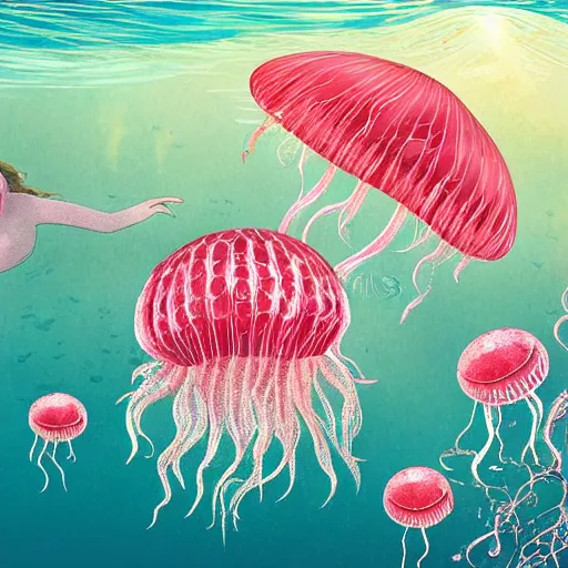 Prompt: hyperdetailed photorealistic! national geographic modern childrenbook illustration of a rich transparent!!! rose and white jellyfish, swimming gently in the ocean. seen from the distance. transparent soft natural tones. matte background