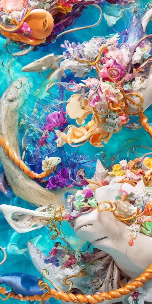 Image similar to closeup photograph of a surrealist sculpture fish intertwined, a lovely cornucopia of flowers and shark, ocean, paint pour, swirling paint, muted color palette, skin tones, highly detailed, octane render, cinematic, super resolution