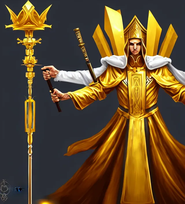 Prompt: a golden skin priest imperator in white clothes with a power and a scepter in his hands and with crown and golden mask, digital art, concept art, high detailed