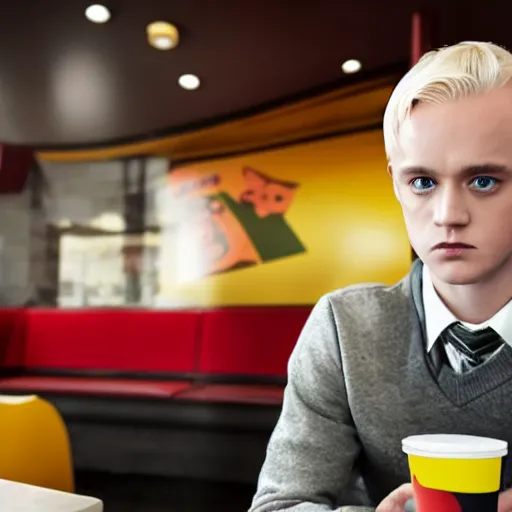 Image similar to Draco Malfoy sitting at a booth in McDonalds, McDonalds interior background, photo