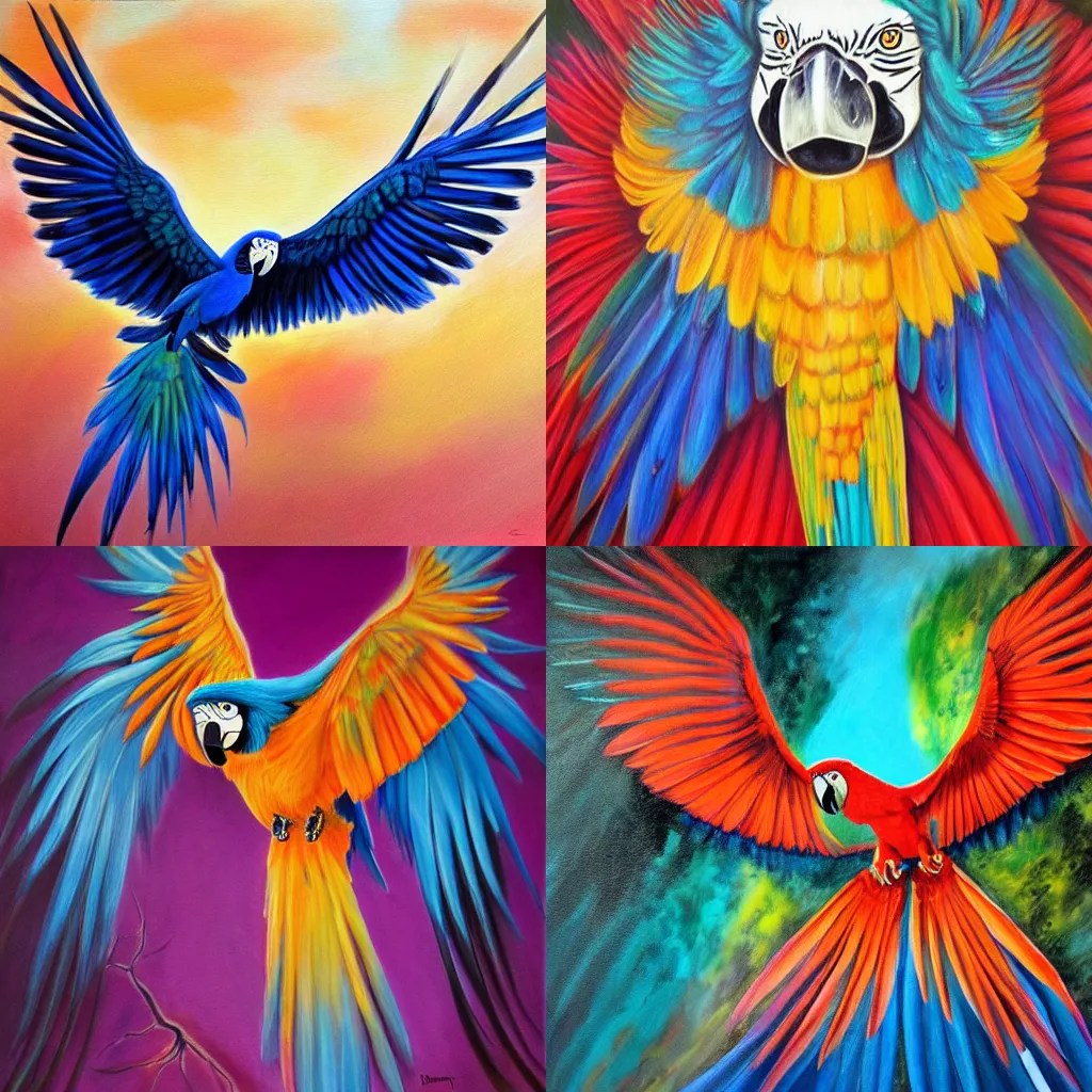 Prompt: a beautiful realistic painting of a macaw spreading its wings and soaring to the sky, symetrical wings, ayahuasca, fantasy art style, trending on deviant art