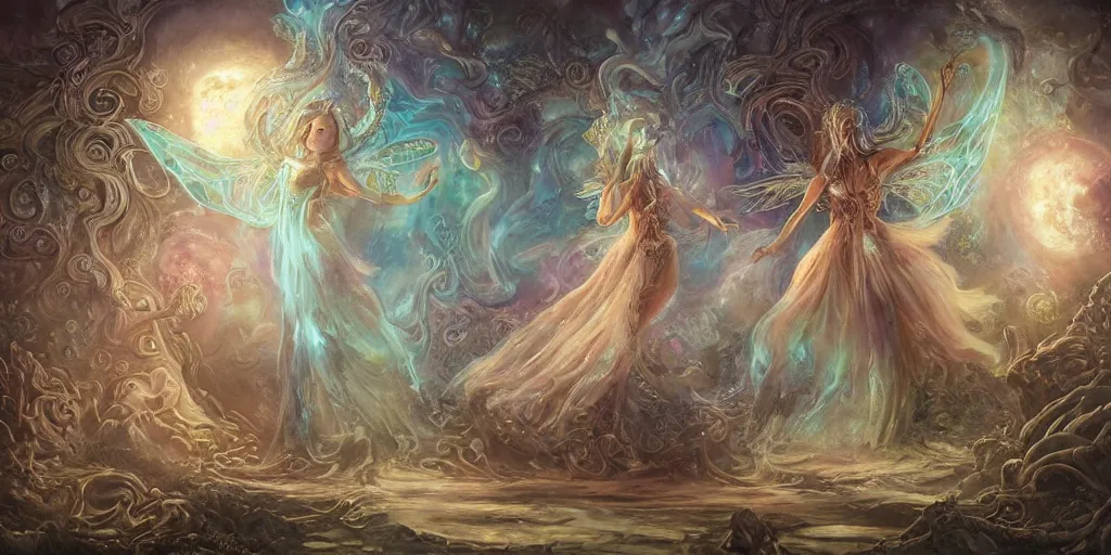 Prompt: concept art of translucent glowing curvy gorgeous fairy dancing, lovecraftian, surrealism, renaissance, melting, round moons, rich clouds, fighting the horrors of the unknown, very detailed, volumetric light, mist, fine art, decaying, textured oil over canvas, epic fantasy art, very colorful, ornate intricate scales, floor of skulls, fractal gems