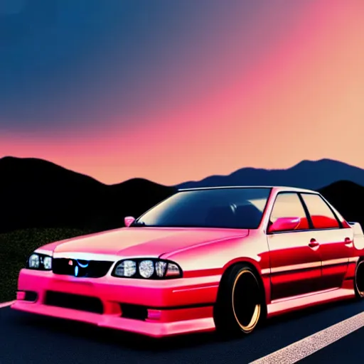 Image similar to a car drifting Toyota JZX100 in middle of road, gunma prefecture, city sunset, cinematic color, photorealistic, highly detailed, bokeh