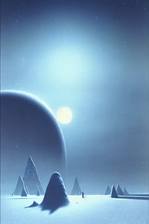 Image similar to emissary space by arthur haas and bruce pennington and john schoenherr, planet hoth, snowy mountains, blue hour, cinematic matte painting, 8 k, color palate alien planet under arctic moonlight by moebius, dark color palate,