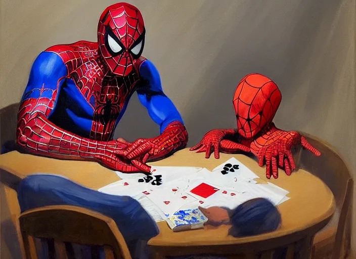 Image similar to a highly detailed beautiful portrait of spiderman playing poker, by gregory manchess, james gurney, james jean