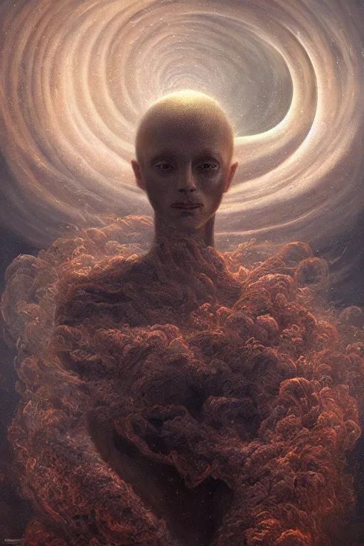 Image similar to Intricate stunning highly detailed humanoid automoton by agostino arrivabene and Vladimir Kush, surreal, digital painting, ultra realistic, Horror vacui, dramatic lighting, full moon, thick black swirling smoke tornado, burning fire embers, artstation