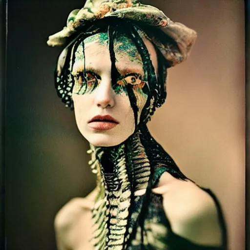 Prompt: kodak portra 4 0 0, wetplate, photo, surreal, weird fashion, in the nature, highly detailed face, very beautiful model, portrait, ultra - realistic and expressive eyes, close up, extravagant dress, carneval, animal, wtf, photographed by paolo roversi style and julia hetta