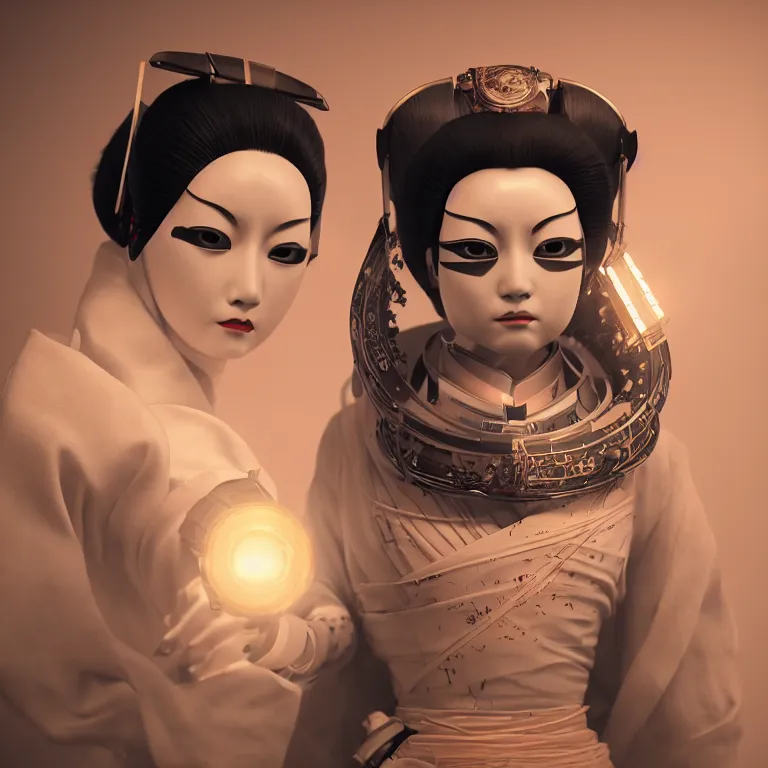 Image similar to a beautiful japanese geisha robot android portrait, kabuki mask, in the style of ash thorp, beautiful, diffuse cinematic lighting, anamorphic lens, anamorphic lens flare, hyper real, intricate detail, octane renderer, unreal engine 5