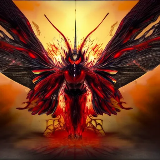 Image similar to 4K headshot of godlike mothman with defined arms and open hands and bloody clothes with giant mandala wings , intricate face , flawless anime cel animation by Kentaro Miura, psychedelic , highly detailed upper body , professionally post-processed , beautiful, scary, symmetry accurate features, epic, octane rendered, anime masterpiece, accurate