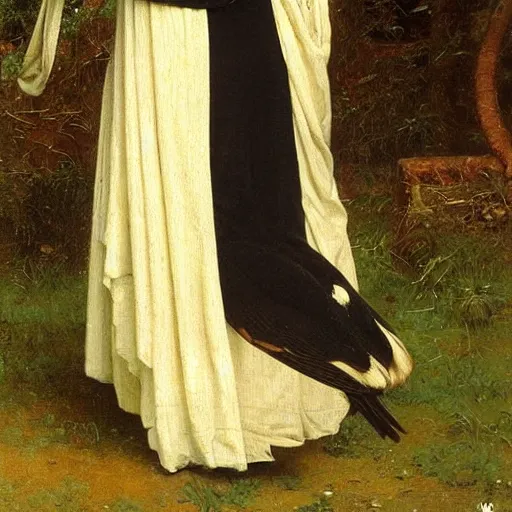 Prompt: a painting of a magpie draped in pants by Edmund blair Leighton