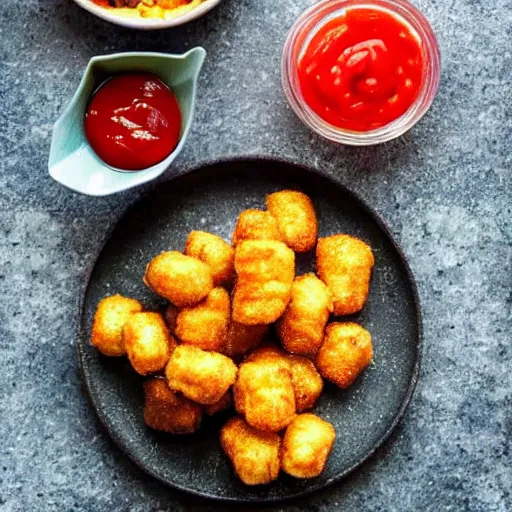 Image similar to food photo of channing tatum's face as tater tot on a plate with ketchup