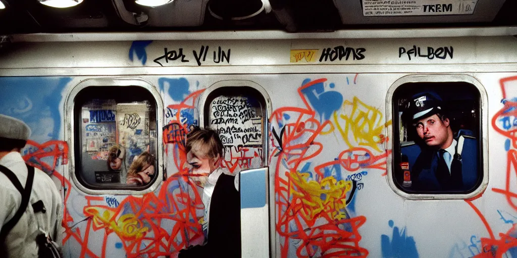 Image similar to new york subway cabin 1 9 8 0 s inside all in graffiti, policeman closeup, coloured film photography, christopher morris photography, bruce davidson photography