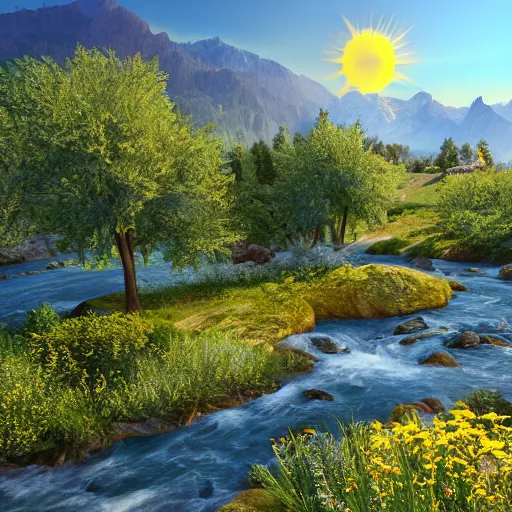 Prompt: natural scenery with sun, mountains, rivers, trees and flowers, photorealistic, ultra - detailed, 4 k high resolution, hdr shot, unreal engine rendering 4 k