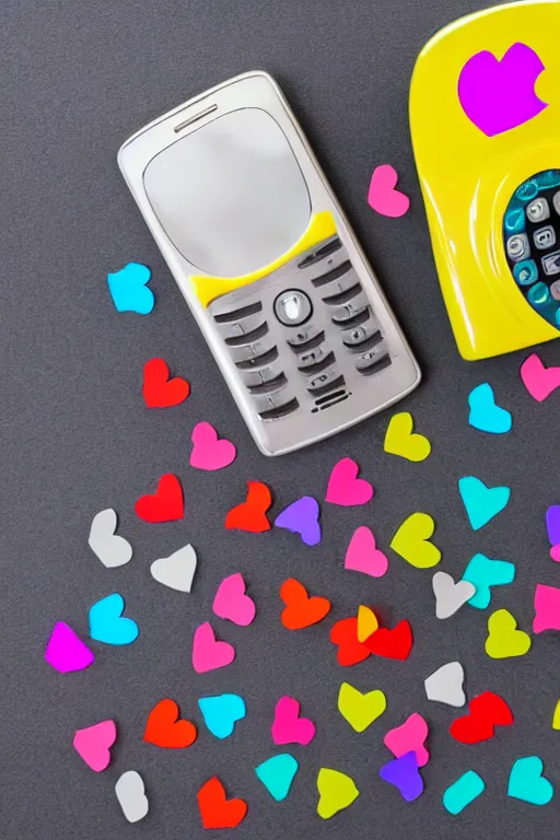 Image similar to two old phones, little hearts in the air, pop colours,