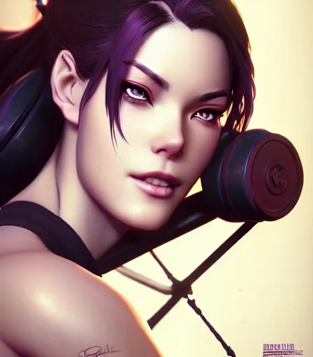 Prompt: beautiful portrait of a gorgeous personal trainer who looks like Widowmaker , character design by charlie bowater, ross tran, artgerm, and makoto shinkai, detailed, soft lighting, rendered in octane