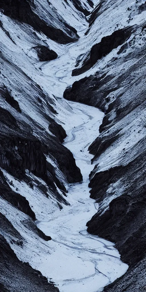 Image similar to dream looking through a hyper realistic photograph of a ice covered canyon, minimal structure, futurists landscape, misty, icelandic valley, small stream over black rock, small waterfall, fibonacci, timed exposure, in the style of reuben wu, roger deakins