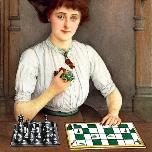 Image similar to a young edwardian woman wearing a green blouse and grey skirt sits by a chessboard at a table, in the style of carl larsson