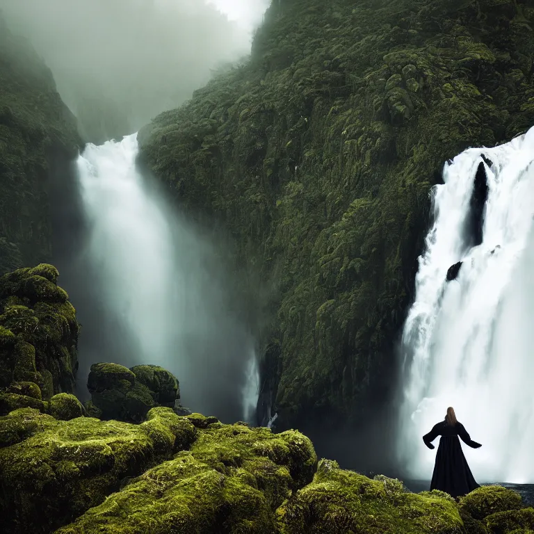 Prompt: dark and moody photo by ansel adams and wes anderson, a giant tall huge woman in an extremely long dress made out of waterfalls, standing inside a green mossy irish rocky scenic landscape, huge waterfall, volumetric lighting, backlit, atmospheric, fog, extremely windy, soft focus