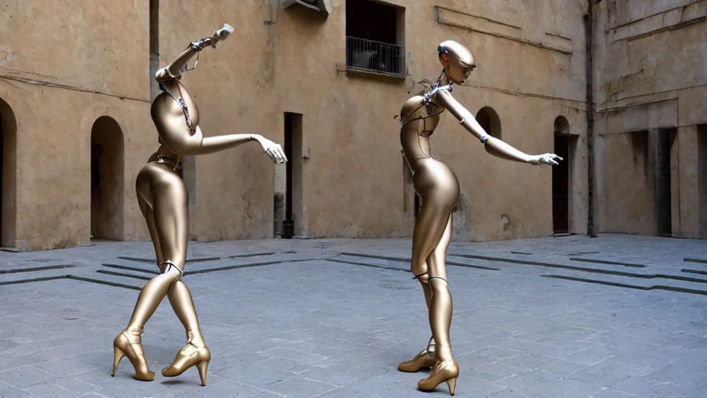 Prompt: a hajime sorayama sculpture of a svelte robotic ballerina on display in a roman courtyard.