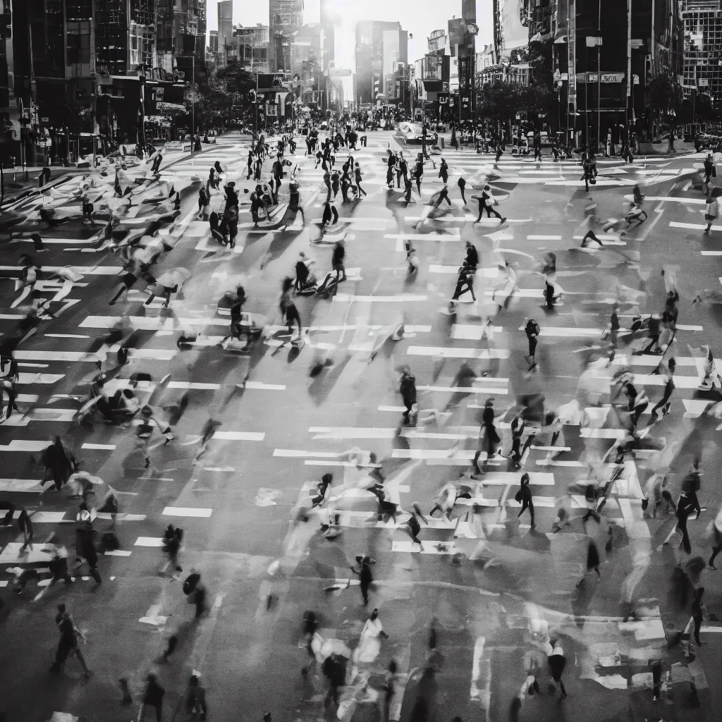 Image similar to a black and white photo of people crossing a street, a tilt shift photo by ned m. seidler, featured on pexels, photorealism, streetscape, anamorphic lens flare, dynamic composition